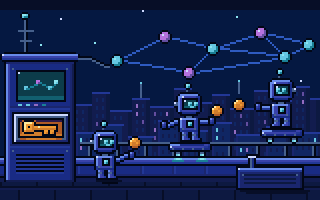 A hashgraph network of glowing nodes over a city at night, where small agent robots pass HBAR coins between them under a watchtower that holds the owner's key, SentX pixel art