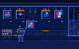 A small SentX robot collector in a gallery at night picks a framed pixel NFT off the wall, while a wallet card at its side shows a spending limit meter, SentX pixel art