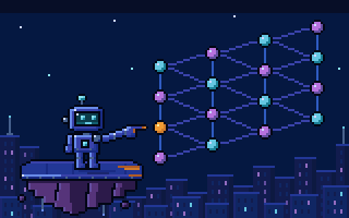 A small robot stands on a floating rock platform at night and points at a network of cyan and violet nodes joined by straight lines, where the node nearest its hand is amber, above a city skyline, SentX pixel art