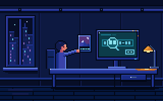 A seated collector holds a picture card up beside a monitor that shows an enlarged row of marks under a magnifier, comparing the two, SentX pixel art