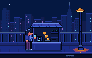 A person at a night street kiosk holds a phone to a terminal while three amber coins drop into a tray under a street lamp, SentX pixel art