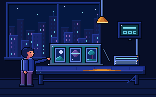 A creator at a workshop bench reaches toward three framed artwork sheets on a lit panel beside an open tray and a wall screen, SentX pixel art