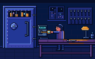 A locksmith's workbench at night where a person swaps the key on a lit vault plate marked with an account number, while the vault stays closed and full, SentX pixel art