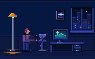 An artist turns a faceted crystal on a turntable pedestal beside a monitor showing a finished moon-and-hills picture, under a warm floor lamp, SentX pixel art