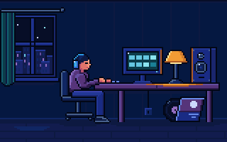 A musician in headphones listens at a night desk beside a monitor with two track bars, an amber lamp, a speaker and a record sleeve, SentX pixel art