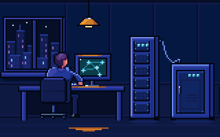 A developer at a night desk faces a monitor with a small network graph, beside two equipment racks joined by one cable, SentX pixel art