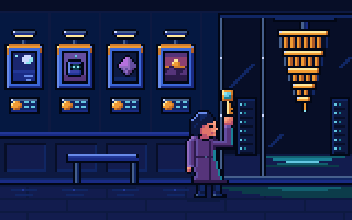 A gallery wall of framed pixel artworks, each frame with a small hash seal, where a collector holds a new key while a quantum computer glows behind glass in the next room, SentX pixel art