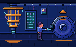 A person at a vault door swaps an old key for a new glowing key while a quantum computer, its dilution refrigerator hung like a chandelier, waits in the dark lab behind and a ledger panel stays lit, SentX pixel art