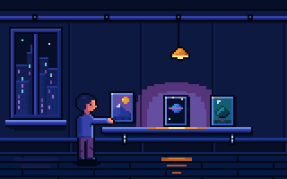 A collector sets a framed mountain picture card on a narrow gallery ledge at night, next to two other cards in the pool of an amber spotlight, SentX pixel art