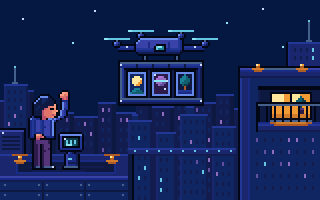 A person on a night rooftop sends a courier drone carrying a crate of three framed cards toward a lit balcony on a taller tower, SentX pixel art