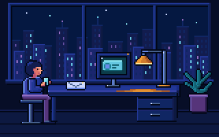 A newcomer at a night desk holds up a phone with a lit screen beside a plain envelope, a monitor showing an account card and an amber desk lamp, SentX pixel art