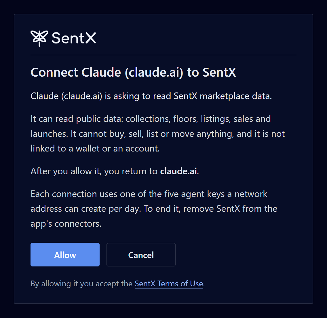 The SentX sign-in page titled Connect Claude (claude.ai) to SentX. It says the app can read public market data, cannot buy, sell, list or move anything, and is not linked to a wallet or an account, above an Allow and a Cancel button.